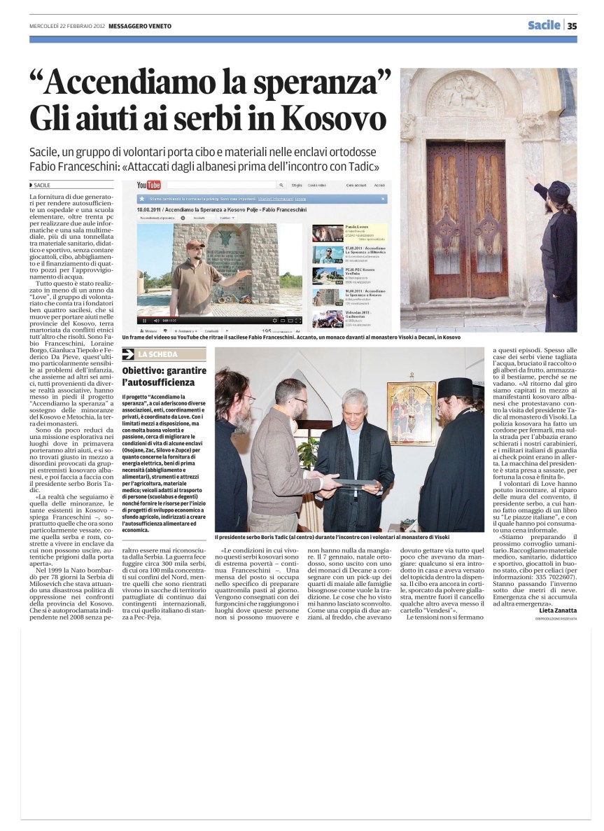 Kosovo/ Accendiamo la Speranza. Gli aiuti ai serbi in&nbsp;Kosovo