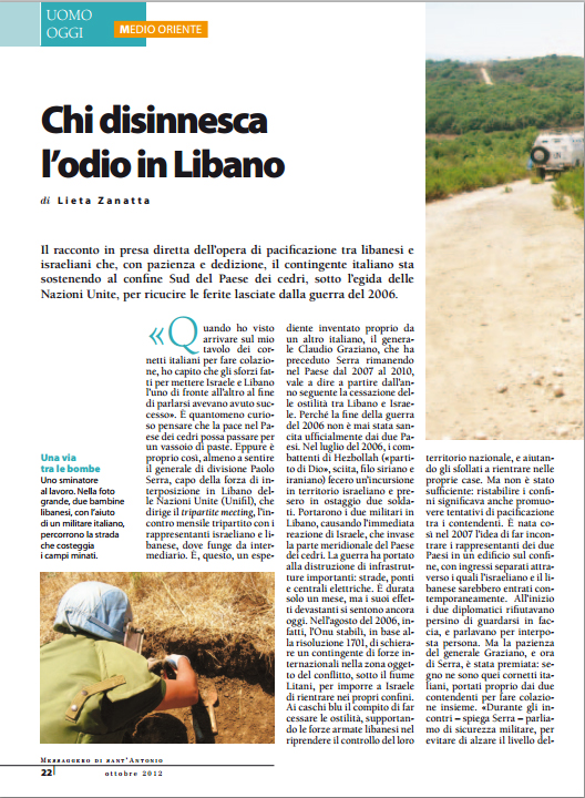 Libano/ 22 Ottobre 2012. Reportage di Lieta Zanatta sul Messaggero di Sant’Antonio