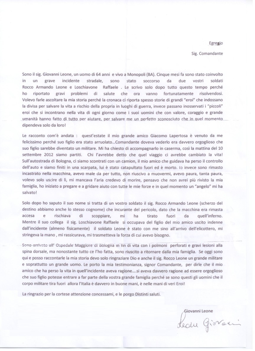 Lettera aperta di ringraziamento del Signor Giovanni Leone al Comandante della Brigata Pinerolo il Generale Carlo Lamanna.