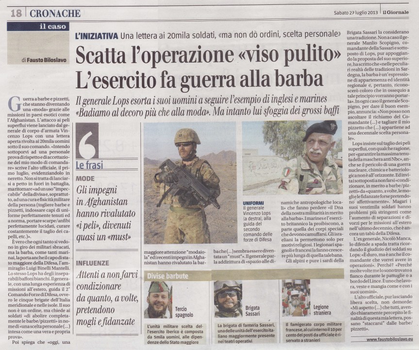 Gen. Lops/ Le barbe dell’Esercito. Scatta l’operazione “viso pulito”, di Fausto&nbsp;Biloslavo.