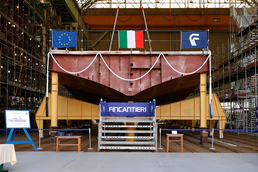 Stabilimento Fincantieri di Riva Trigoso (Genova), la cerimonia per l’impostazione del primo blocco della nave “Luigi Rizzo”, sesta unità del programma FREMM.