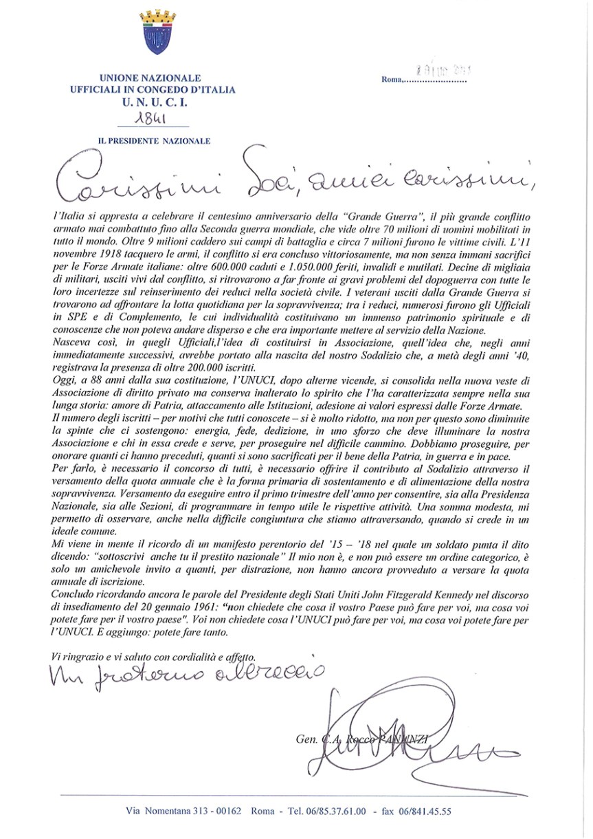 Roma/ UNUCI. lLettera del Presidente Nazionale circa l’Anniversario del 100 anno della Prima Guerra&nbsp;Mondiale